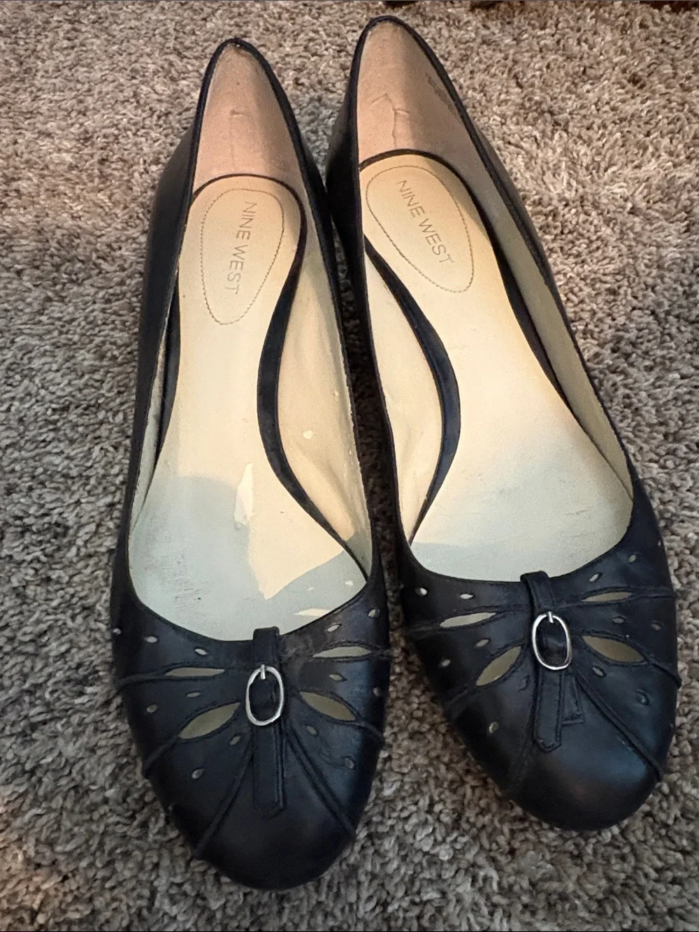 Nine West Black Leather Cutout Ballet Flats with Silver Buckle